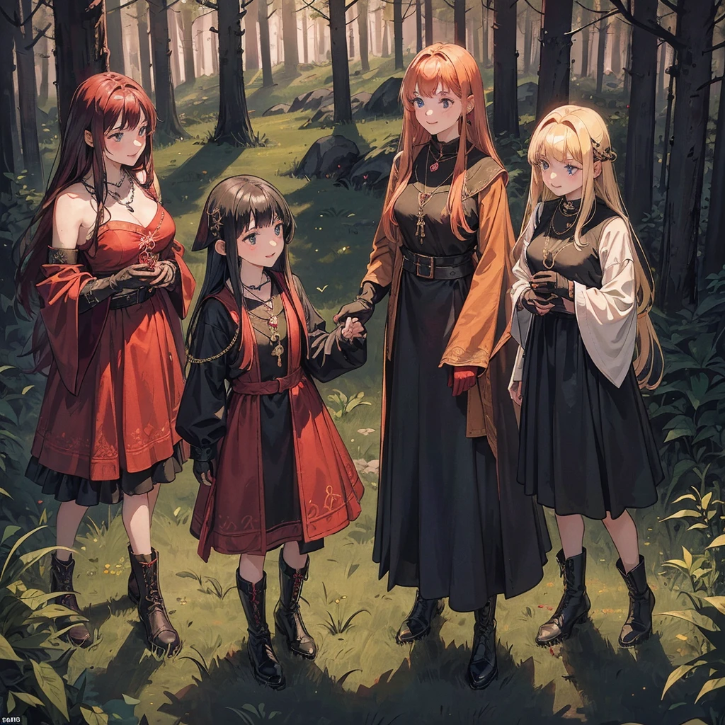 a group of beautiful witch girls in the middle of a forest in the night, tribal tattoo ,multiple girls, five girls, red and blonde hair , standing girl young girl, gloves, elbow pads, boots, smiles, small breasts, long black dress, necklaces, jewelry decorations , red hair , black hair , blonde hair, blue eyes, full body,