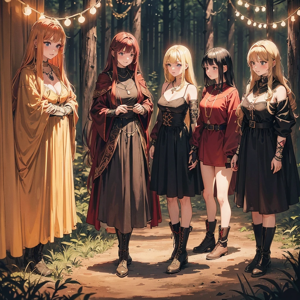 a group of beautiful witch girls in the middle of a forest in the night, tribal tattoo ,multiple girls, five girls, red and blonde hair , standing girl young girl, gloves, elbow pads, boots, smiles, small breasts, long black dress, necklaces, jewelry decorations , red hair , black hair , blonde hair, blue eyes, full body,