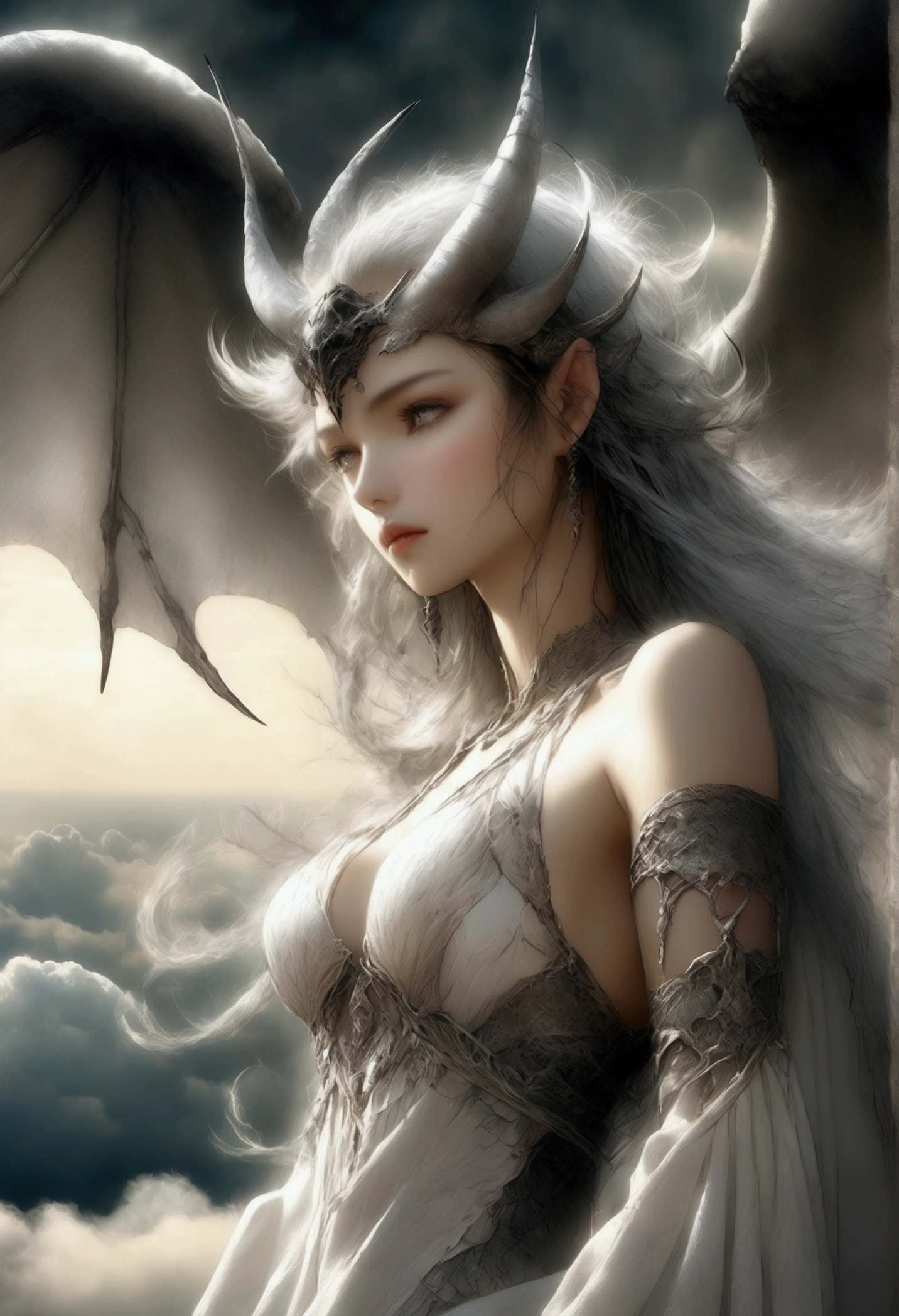 ((best quality)), ((masterpiece)), (detailed), alluring succubus, ethereal beauty, perched on a cloud, (fantasy illustration:1.3), enchanting gaze, captivating pose, delicate wings, otherworldly charm, mystical sky, (Luis Royo:1.2), (Yoshitaka Amano:1.1), moonlit night, soft colors, (detailed cloudscape:1.3), (high-resolution:1.2)