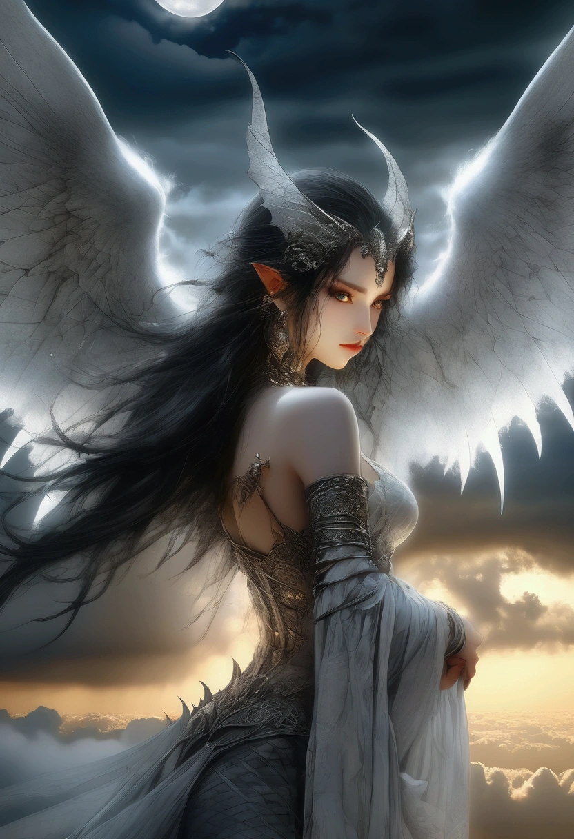 ((best quality)), ((masterpiece)), (detailed), alluring succubus, ethereal beauty, perched on a cloud, (fantasy illustration:1.3), enchanting gaze, captivating pose, delicate wings, otherworldly charm, mystical sky, (Luis Royo:1.2), (Yoshitaka Amano:1.1), moonlit night, soft colors, (detailed cloudscape:1.3), (high-resolution:1.2),nude