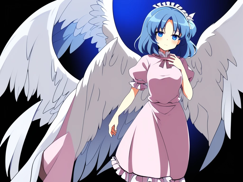 (best quality,4k,8k,highres,masterpiece:1.2), ultra-detailed, highly detailed texture, intricate details, high quality textures, a cute teenage angel with blue eyes, drawn in anime style, 1girl, , , 10 years old, medium blue hair, hair flaps, pink ribbon on head, well-formed face, blue eyes, angel girl, white blouse, puffy short sleeves, red ribbon, angel wings, long white skirt, red shoes, frills, ribbon head, A pair of angel wings on the back, clean line drawings, cute