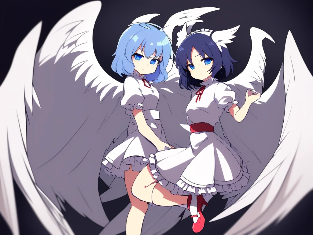 (best quality,4k,8k,highres,masterpiece:1.2), (angel girl:1.2), ultra-detailed, highly detailed texture, intricate details, high quality textures, a cute teenage angel with blue eyes, drawn in anime style, 1girl, , , 10 years old, medium blue hair, hair flaps, pink ribbon on head, well-formed face, blue eyes, angel girl, white blouse, puffy short sleeves, red ribbon, angel wings, long white skirt, red shoes, frills, ribbon head, A pair of angel wings on the back, clean line drawings, cute