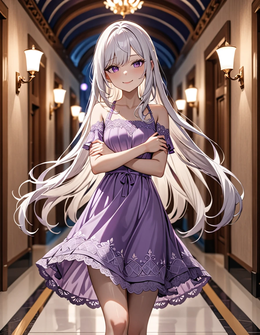 1 girl, short, slim, cute, small, purple eyes, very long hair, white hair, hair reaching ankles, sleep light purple dress, hallway, blurry background, cocky smirk, crossing arms, 8k, masterpiece, night, best quality, very aesthetic, absurdres, newest, intricate details, intricate, (SuperQuality:1.0) ~ (SuperQuality:1.2), (negative_v2 Color_Balance_Calibration:0.8)