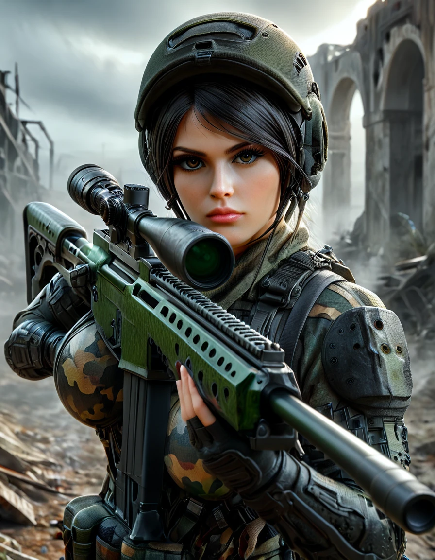 Young and very beautiful female sniper, aiming the muzzle of her sniper rifle at the viewer, detailed ideal proportions, shapely large breasts, detailed face, beautiful eyes, long eyelashes, serious expression, tactical helmet, camouflage latex suit, tactical equipment, sniper rifle, war-torn landscape, cloudy, foggy, ruins, wreckage, cinematic lighting, grainy, gloomy, dark, muted colors, realistic, 8k, high resolution, detailed description, masterpiece