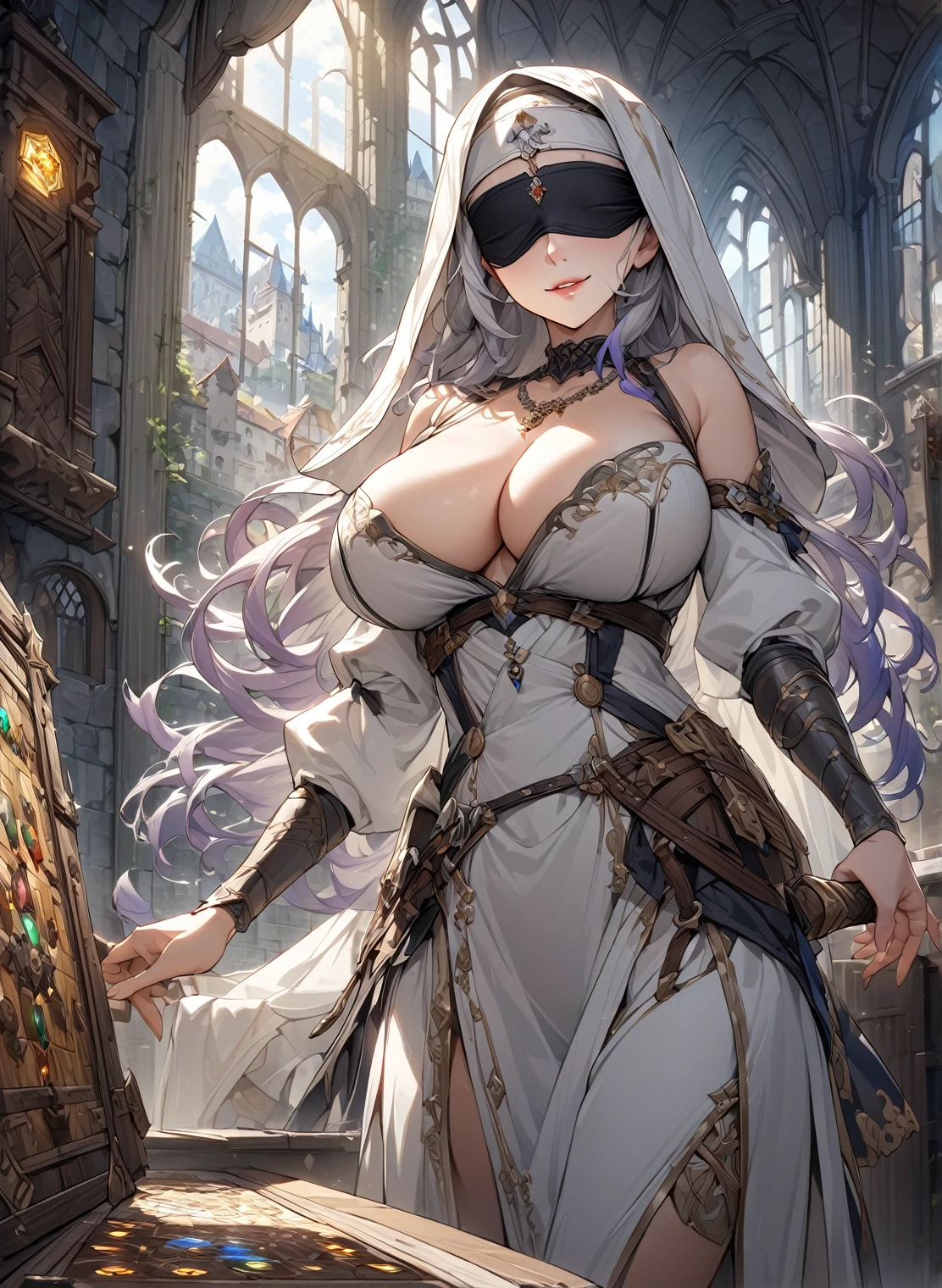 (masterpiece, Highest quality, Shine光, Shine, Shine肌, Super detailed, Detailed Background, Complex background),(Perfect Face, Detailed face, Detailed eyes,Perfect hands,Perfect Fingers), (Big Breasts:1.2,smile),(Mature Woman:1.4),Cowboy Shot,thick,Cleavage, Hand-held sword_Otome,((Gradient Hair)), mascara, (Fashion Makeup), Lips parted, Long Hair, Blindfold, dress, white dress, habit, jewelry, black Blindfold, necklace, Removable sleeves
((guild, guildルーム, Quest Board, window, Road View, Medieval)),((super Detailed Background)), Dynamic pose, ((8k wallpaper)),
