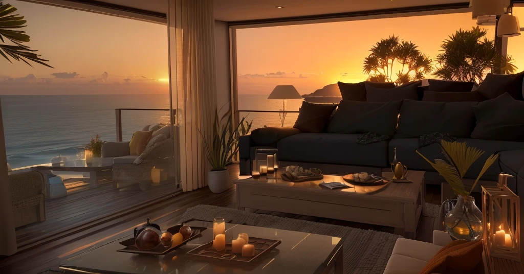 Side view of the living room,Features a sofa and table, Overlooking the sea, relaxing environment, Sea view, Sunset view, Luxurious environment, 8K Sensual Lighting, Relaxed atmosphere, 8k hdr octane render, Soft Light 8k resolution, Soft lighting 8K resolution, Octane rendering 8 K HDR, 8k hdr sunset lights, beautiful scenery
