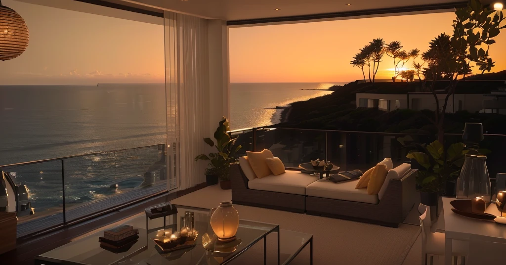 Side view of the living room,Features a sofa and table, Overlooking the sea, relaxing environment, Sea view, Sunset view, Luxurious environment, 8K Sensual Lighting, Relaxed atmosphere, 8k hdr octane render, Soft Light 8k resolution, Soft lighting 8K resolution, Octane rendering 8 K HDR, 8k hdr sunset lights, beautiful scenery