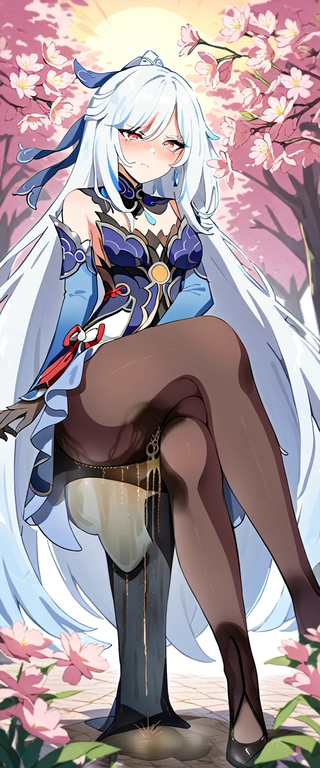 (masterpiece:1.37), best quality, (extremely detailed:1.37), (1girl:1.5), woman, (mature:1.5), (adult:1.5), jingliu, white hair, long hair, ponytail, hair ribbon, red eyes, earrings, jewelry, dress, pantyhose, (pelvic curtain:1.5), (extremely detailed eyes:1.37), (wetting self:2.0), desperation, (standing:1.5), embarrassed, humiliation, blushing, angry, cherry blossoms, garden, (golden hour:1.5), full body, (crossing legs:1.5)
