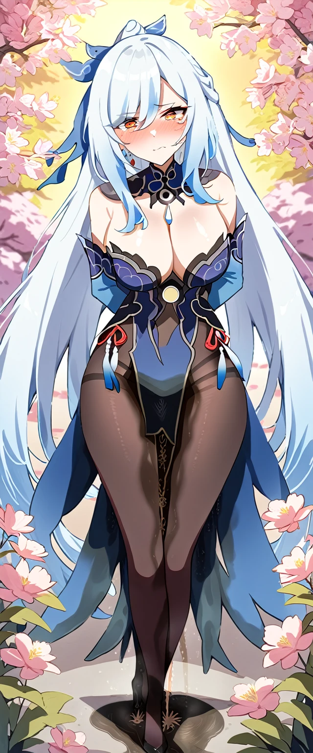 (masterpiece:1.37), best quality, (extremely detailed:1.37), (1girl:1.5), woman, (mature:1.5), (adult:1.5), jingliu, white hair, long hair, ponytail, hair ribbon, red eyes, earrings, jewelry, dress, pantyhose, (pelvic curtain:1.5), (extremely detailed eyes:1.37), (wetting self:2.0), desperation, (standing:1.5), embarrassed, humiliation, blushing, angry, cherry blossoms, garden, (golden hour:1.5), full body, (crossing legs:1.5)