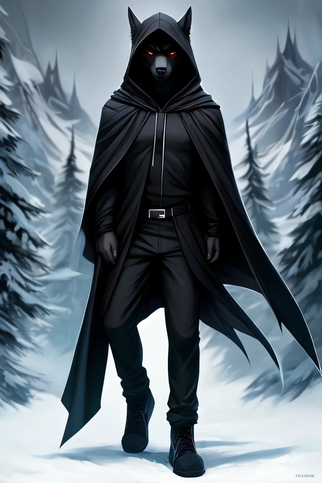 por angiewolf, hioshiru, puros, anthropo, mascle, standing alone, badass clothing, coat, 2022, black badass clothing, hooded cloak, black tops, eyes locked, black hooded cloak, White background
