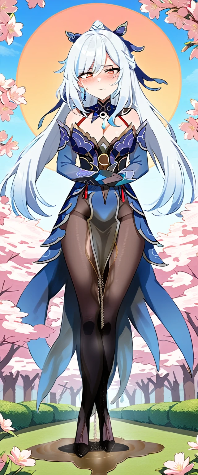 (masterpiece:1.37), best quality, (extremely detailed:1.37), (1girl:1.5), woman, (mature:1.5), (adult:1.5), jingliu, white hair, long hair, ponytail, hair ribbon, red eyes, earrings, jewelry, dress, pantyhose, (pelvic curtain:1.5), (extremely detailed eyes:1.37), (wetting self:2.0), desperation, (standing:1.5), embarrassed, humiliation, blushing, angry, cherry blossoms, garden, (golden hour:1.5), full body, (crossing legs:1.5)