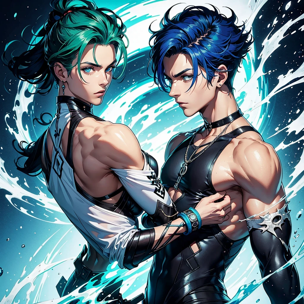 Two men,seminude,only in panties,Abs,full bodyesbian,Perspectiva subjetiva,Royal blue eyes,Lick lip,Gradient gray hair,complementary colours,lightand shade contrast,style of anime,high detal,8K,The is very detailed,acurate,best qualtiy,anatomy correct