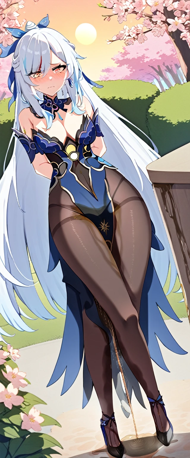 (masterpiece:1.37), best quality, (extremely detailed:1.37), (1girl:1.5), woman, (mature:1.5), (adult:1.5), jingliu, white hair, long hair, ponytail, hair ribbon, red eyes, earrings, jewelry, dress, pantyhose, (pelvic curtain:1.5), (extremely detailed eyes:1.37), (wetting self:2.0), desperation, (standing:1.5), embarrassed, humiliation, blushing, angry, cherry blossoms, garden, (golden hour:1.5), full body, (crossing legs:1.5)