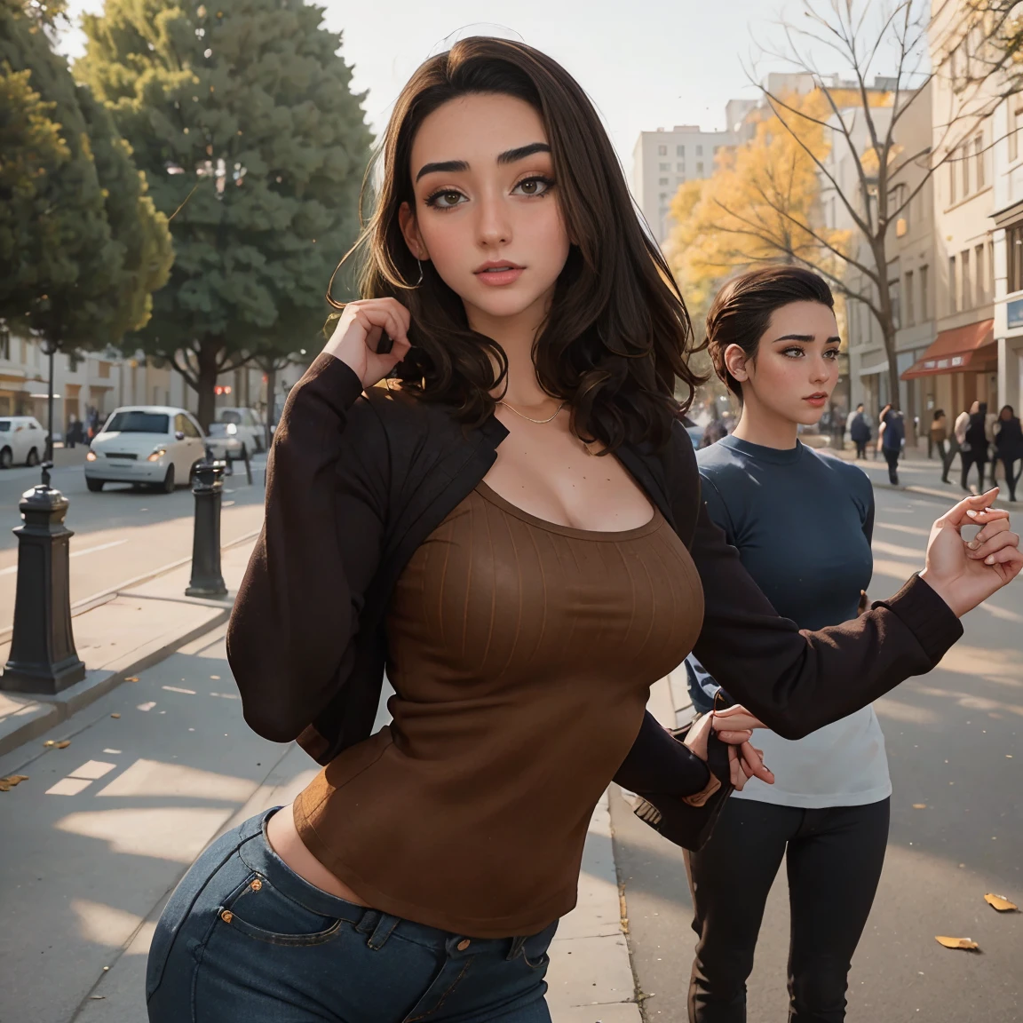 Extremely busty thin and toned brunette photographer, college girl, fair skin, swept-back hair, soft face, athletic, tight long-sleeve low-cut dark blue top, tight beige pants. standing outdoors, city park, trees, cleavage 