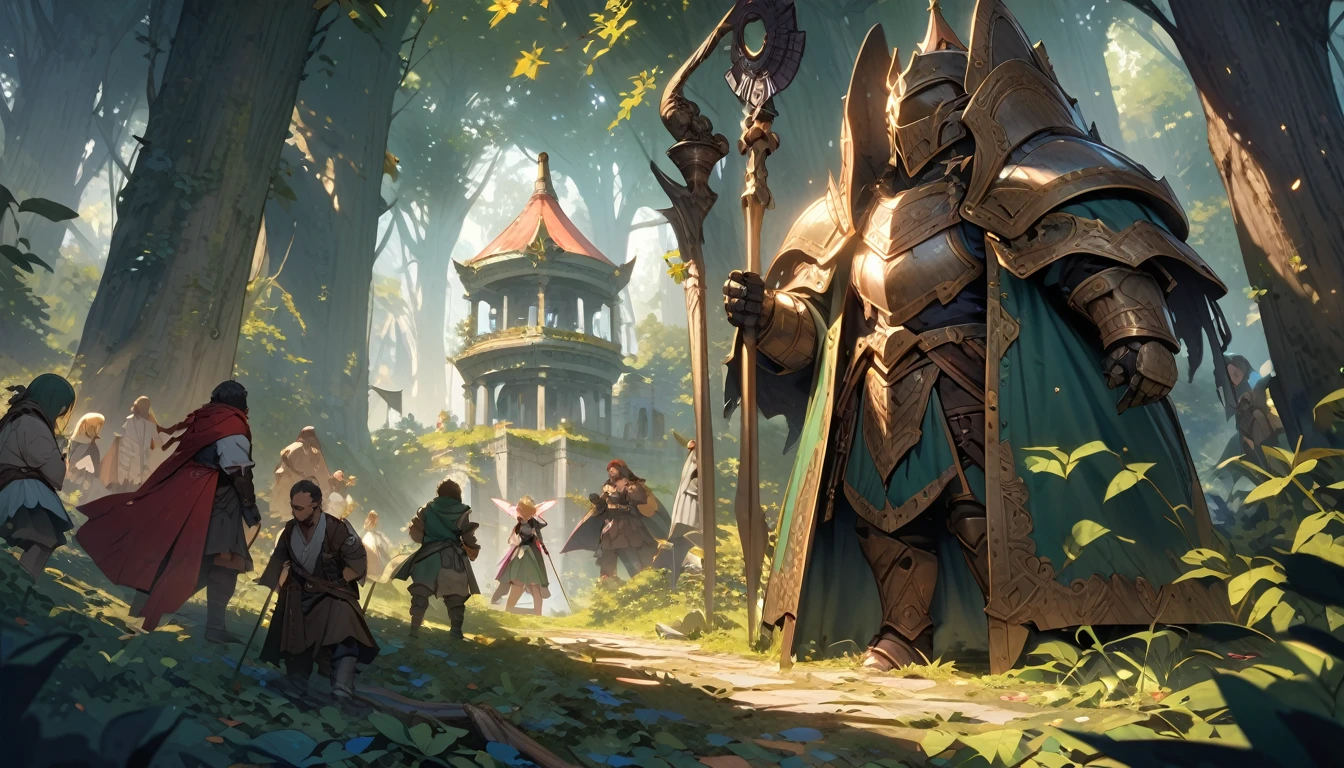 (masterpiece:1.4), (Highest quality:1.4), Very detailed, Complex, Very detailed, shape,Soft lighting,a group of adventurers, character from RPG games, (character: human, Fairy, Fairy, Dwarf, The Hobbit), (exterior: Swordsman Style, Shaman Style, Monk Style, Magician style), (belongings: Long sword, dagger, Holy Staff, Magic wand, shield, metal armor, Leather Armor), Perfectly accurate anatomical shape、All limbs intact、Perfect full finger, Colorful characters, It depicts an ancient elven library in the middle of the forest., A library full of old parchments、In a room full of leaves and shades of green, 大きくてMajestic, A palace library in the middle of the forest. A huge, Majestic, Uplifting expressions,