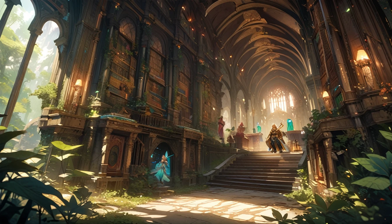 (masterpiece:1.4), (Highest quality:1.4), Very detailed, Complex, Very detailed, shape,Soft lighting,a group of adventurers, character from RPG games, (character: human, Fairy, Fairy, Dwarf, The Hobbit), (exterior: Swordsman Style, Shaman Style, Monk Style, Magician style), (belongings: Long sword, dagger, Holy Staff, Magic wand, shield, metal armor, Leather Armor), Perfectly accurate anatomical shape、All limbs intact、Perfect full finger, Colorful characters, It depicts an ancient elven library in the middle of the forest., A library full of old parchments、In a room full of leaves and shades of green, 大きくてMajestic, A palace library in the middle of the forest. A huge, Majestic, Uplifting expressions,