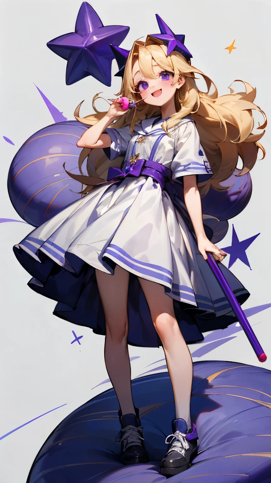 ((최고의 품질)), ((걸작)), (상세한), 9 year girl with long blonde hair and purple eyes with a purple lollipop and a pastel purple and white dress with black buckled shoes smiling and standing onna purple star