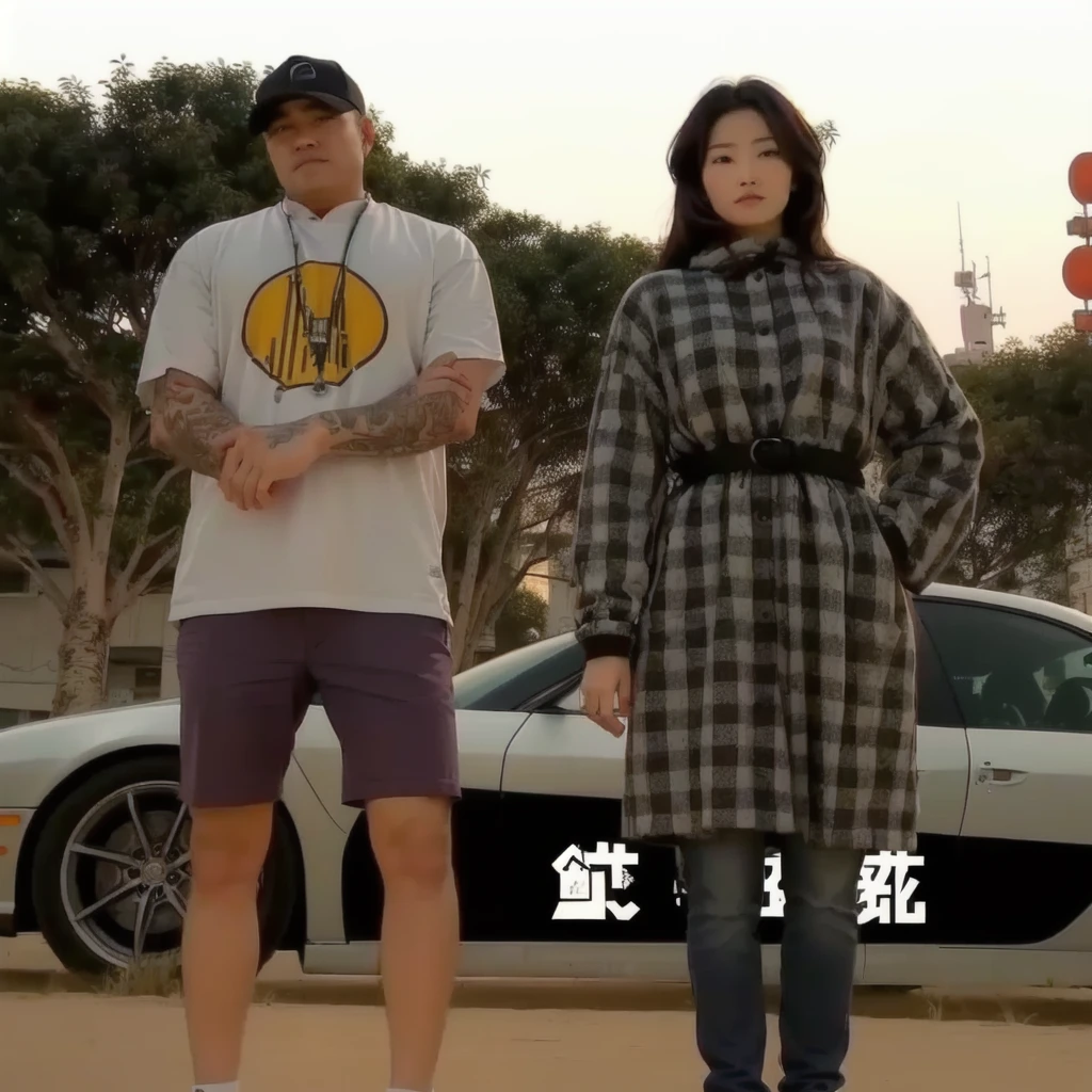 arafed image of a man and a woman standing next to a car, gta chinatowon art style, realistic