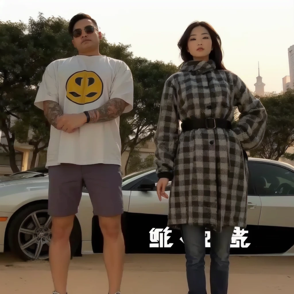 arafed image of a man and a woman standing next to a car, gta chinatowon art style, realistic