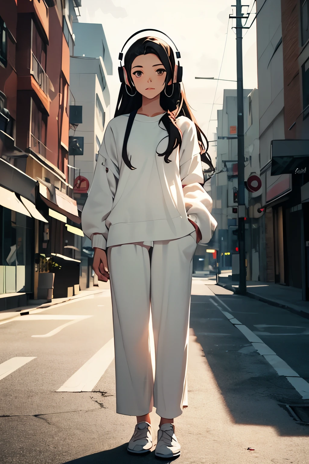 a 2d flat anime scene of a beautiful latina teen, figure, long dark hair hazel eyes, full lips, sweet innocent look, she is wearing white headphones and white pajamas, standing in the middle of an empty city on a cloudy grey day, full body, 8K, very detailed, soft lighting, soft shadows, flat ilumination