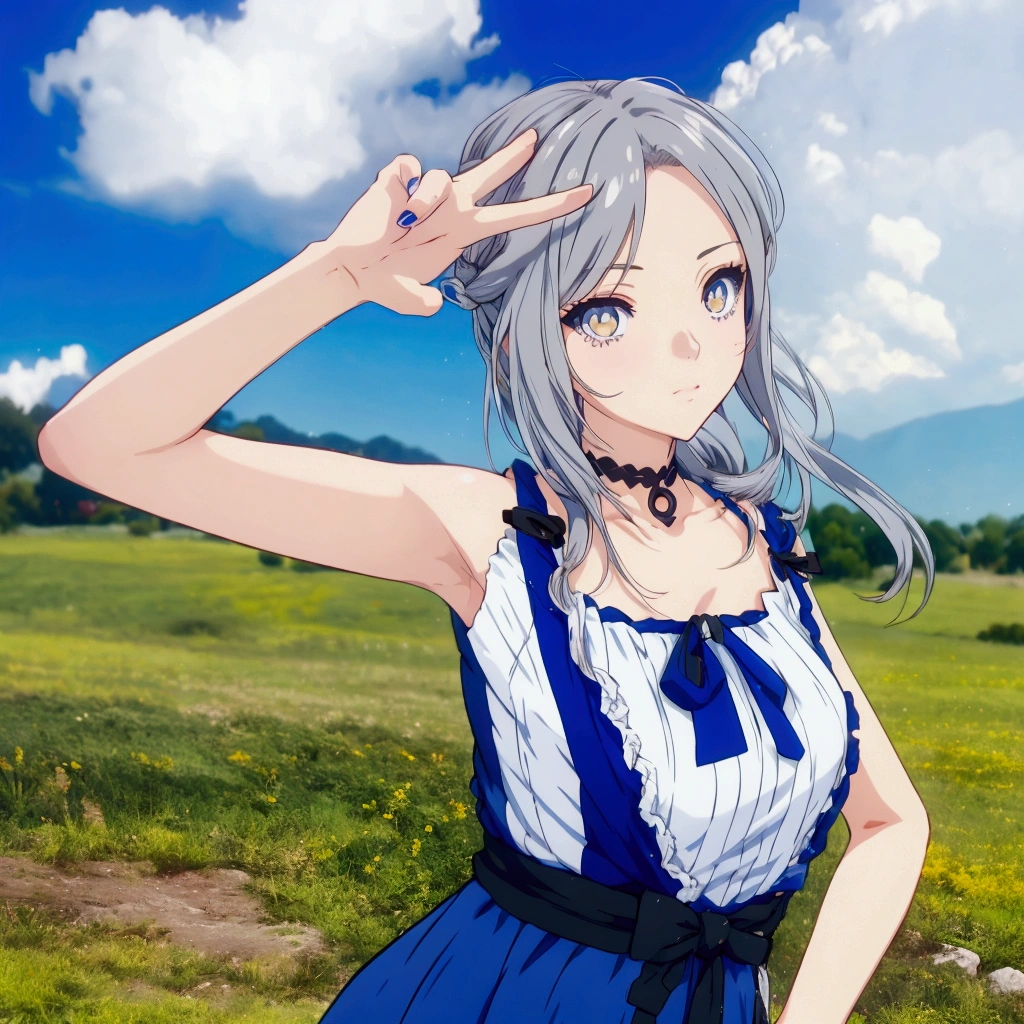 Golden Eyes、Anime girl with gray hair and a blue dress posing in a field, Realistic Anime 3D Style, Realistic young anime girl, Cute 3D anime girl render, Anime Style3D, , April Rendering, Photorealistic Animation girl render, Realistic anime art style, Smooth anime CG art, Anime Style, Live2D Virtual Youtuber Model, Photorealistic Animation