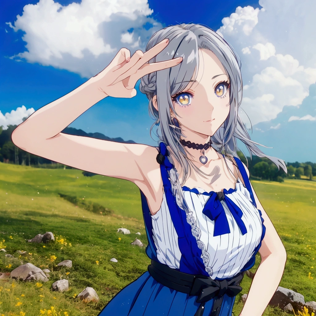 Golden Eyes、Anime girl with gray hair and a blue dress posing in a field, Realistic Anime 3D Style, Realistic young anime girl, Cute 3D anime girl render, Anime Style3D, , April Rendering, Photorealistic Animation girl render, Realistic anime art style, Smooth anime CG art, Anime Style, Live2D Virtual Youtuber Model, Photorealistic Animation
