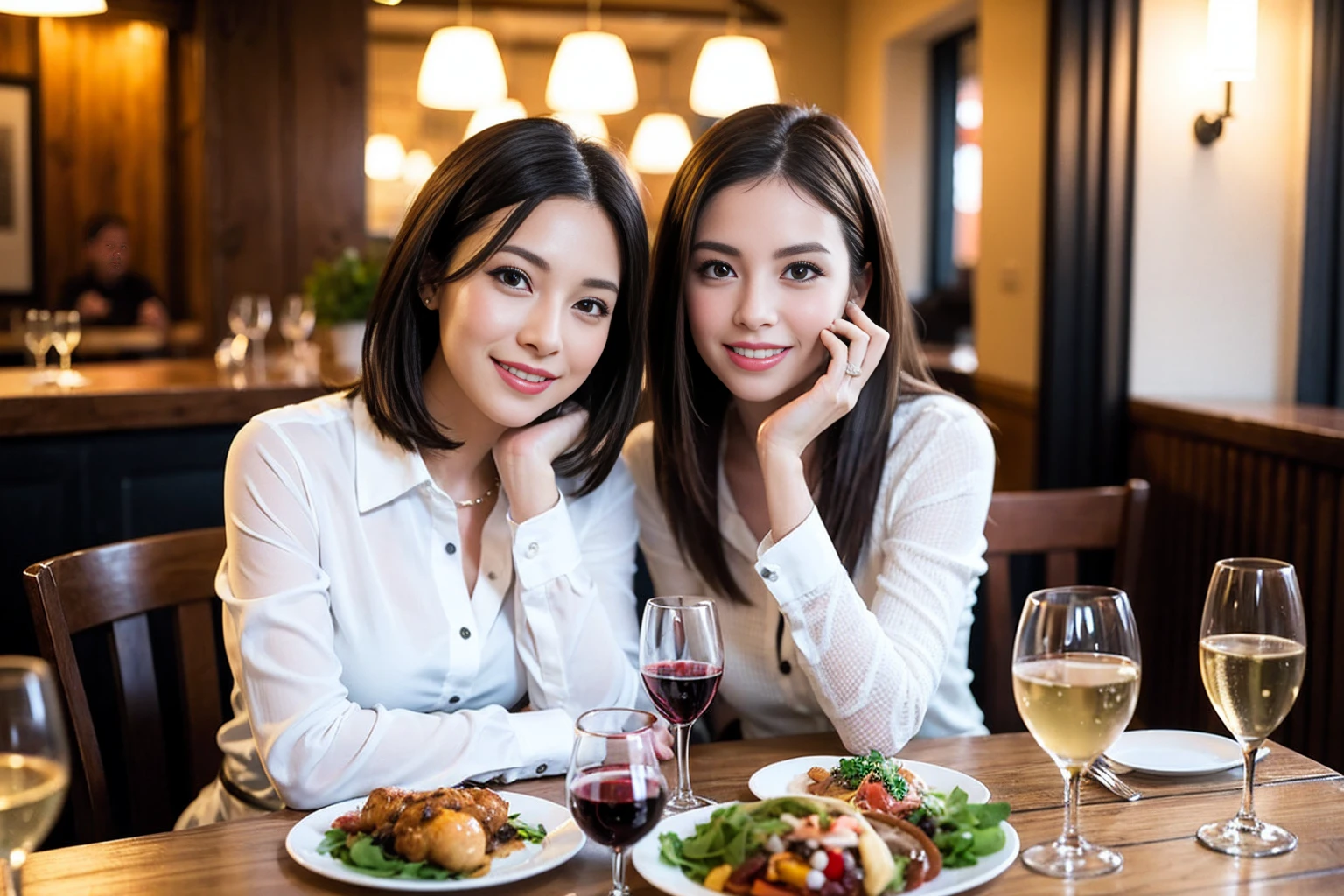 ((Highest quality、8k、masterpiece:1.3))、1 male、1 female、spouse、Beautiful couple、smile、full-course dinner、 (Slim face), (the body is スリム), (Brown Hair), (Shortcuts), ((Bob Hale、Straight hair:1.2)), テーブルの上のwine glass、Put the light on your face、 Amazing view of the sunset sky and clouds、smileの美しさ、Bright image、blush, Shortcuts, (Age 35), 39 years old, Appetizers、Italian food、Wine bottle、Champagne、sparkling wine、Long sleeve shirt、dress、Attractive beauty、restaurant, Nova Frog Style, actress, model, Upper Body, White wine, red wine, wine glass,