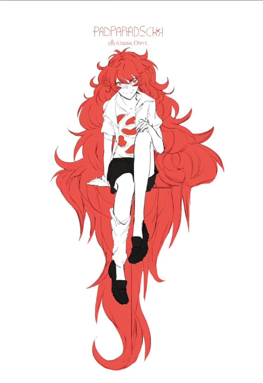 anime girl with long red hair sitting on a chair, yandere. tall, fire!! full body, digital art from padparasha, akane owari, houseki no kuni, inspired by Ib Eisner, red aura, anime full body illustration, with curly red hair, gapmoe yandere, she has red hair, with red hair, official art