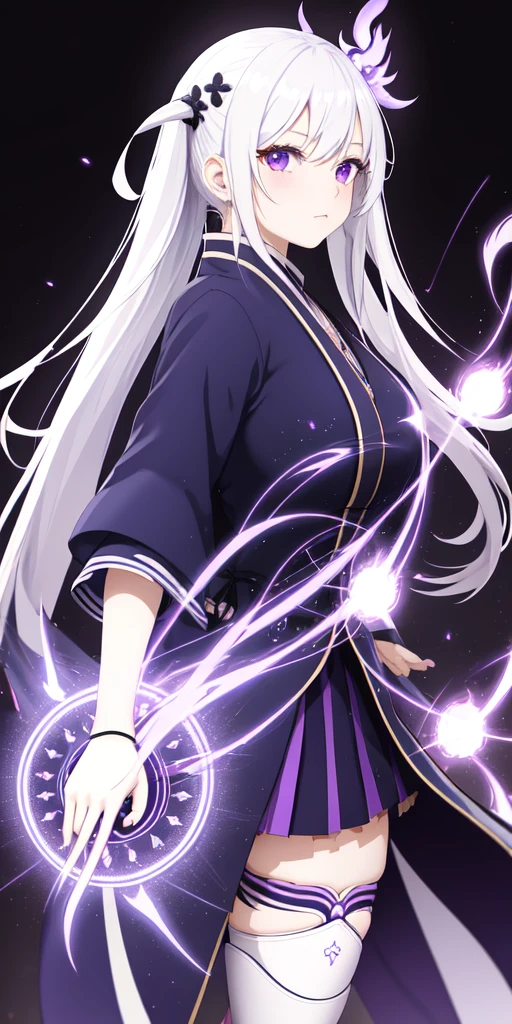 1girl, japanese clothes, ponytail ,white hair, purple eyes, magic circle, blue fire, blue flames, wallpaper, landscape, blood, blood splatter, depth of field, night, light particles, light rays, sidelighting, thighs, fate \(series\), genshin impact, ****, open jacket, skirt, thighhighs, cloud
