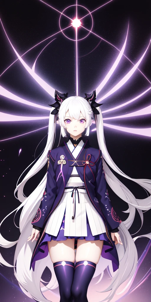 1girl, japanese clothes, ponytail ,white hair, purple eyes, magic circle, blue fire, blue flames, wallpaper, landscape, blood, blood splatter, depth of field, night, light particles, light rays, sidelighting, thighs, fate \(series\), genshin impact, ****, open jacket, skirt, thighhighs, cloud