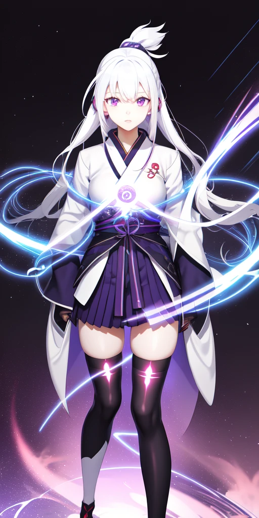 1girl, japanese clothes, ponytail ,white hair, purple eyes, magic circle, blue fire, blue flames, wallpaper, landscape, blood, blood splatter, depth of field, night, light particles, light rays, sidelighting, thighs, fate \(series\), genshin impact, ****, open jacket, skirt, thighhighs, cloud