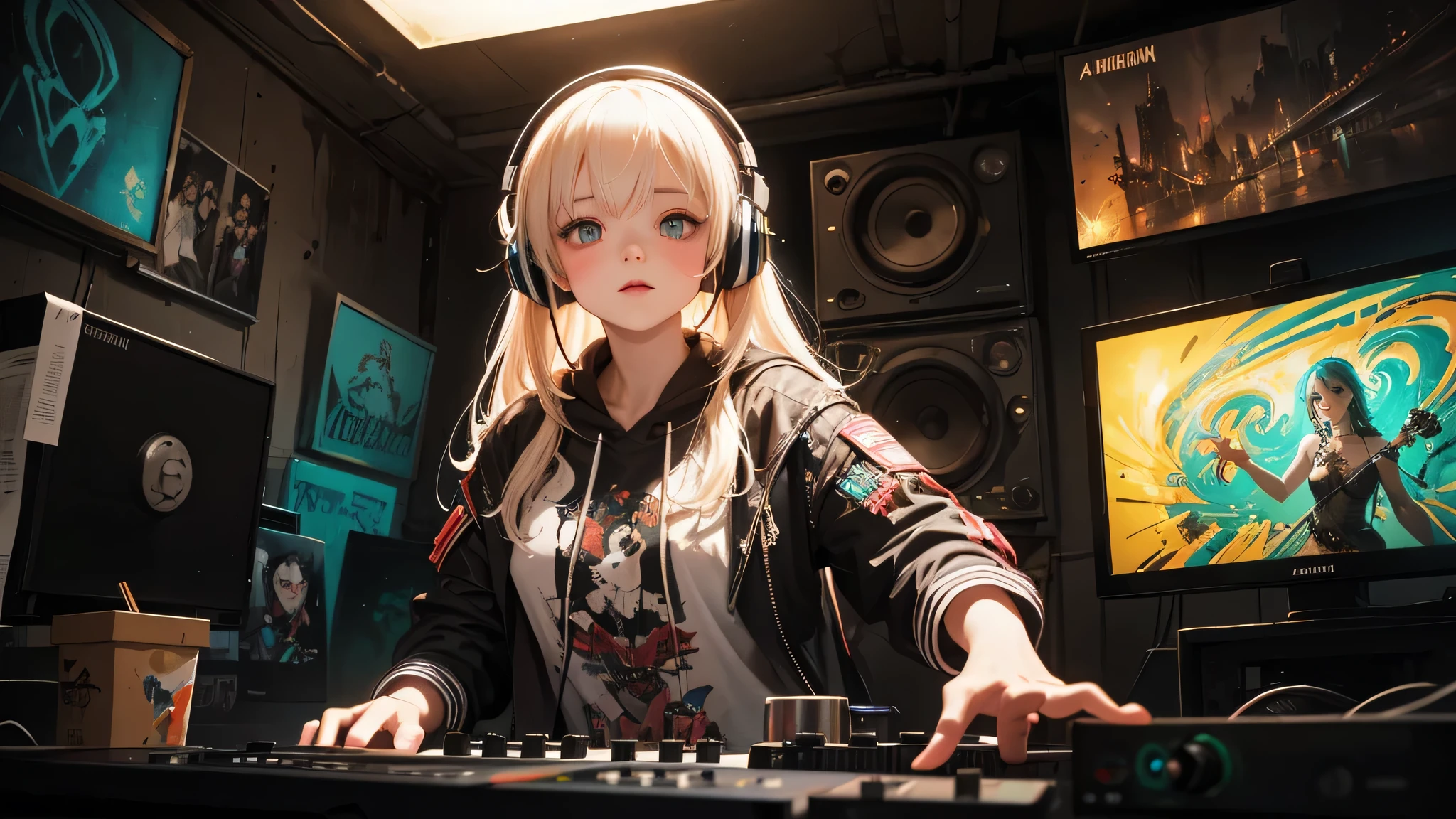 A close-up portrait of a charming albino girl, a DJ  in the style of Anna Dittman, by Jeremy Mann, dressed in futuristic attire. The painting is executed in the manner of Gustave Moreau, with a resolution of 32 pixels. The girl is standing at the DJ console, wearing headphones, and is dancing to music. The background features a wall covered in graffiti and neon core, with colors that glow in the darkness, reminiscent of the Glowwave style. Aesthetically, the painting is reminiscent of vintage style.