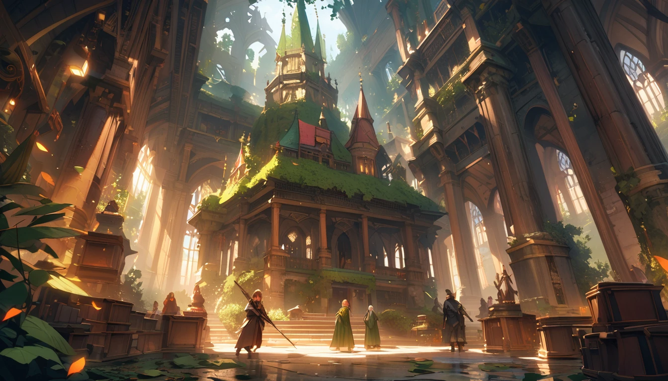 (masterpiece:1.4), (Highest quality:1.4), Very detailed, Complex, Very detailed, shape,Soft lighting,a group of adventurers, character from RPG games, (character: human, Fairy, Fairy, Dwarf, The Hobbit), (exterior: Swordsman Style, Shaman Style, Monk Style, Magician style), (belongings: Long sword, dagger, Holy Staff, Magic wand, shield, metal armor, Leather Armor), Perfectly accurate anatomical shape、All limbs intact、Perfect full finger, Colorful characters, It depicts an ancient elven library in the middle of the forest., A library full of old parchments、In a room full of leaves and shades of green, 大きくてMajestic, A palace library in the middle of the forest. A huge, Majestic, Uplifting expressions,