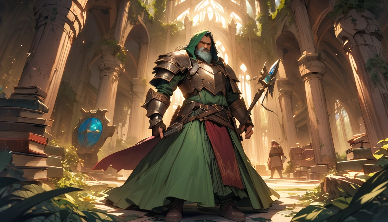(masterpiece:1.4), (Highest quality:1.4), Very detailed, Complex, Very detailed, shape,Soft lighting,a group of adventurers, character from RPG games, (character: human, Fairy, Fairy, Dwarf, The Hobbit), (exterior: Swordsman Style, Shaman Style, Monk Style, Magician style), (belongings: Long sword, dagger, Holy Staff, Magic wand, shield, metal armor, Leather Armor), Perfectly accurate anatomical shape、All limbs intact、Perfect full finger, Colorful characters, It depicts an ancient elven library in the middle of the forest., A library full of old parchments、In a room full of leaves and shades of green, 大きくてMajestic, A palace library in the middle of the forest. A huge, Majestic, Uplifting expressions,