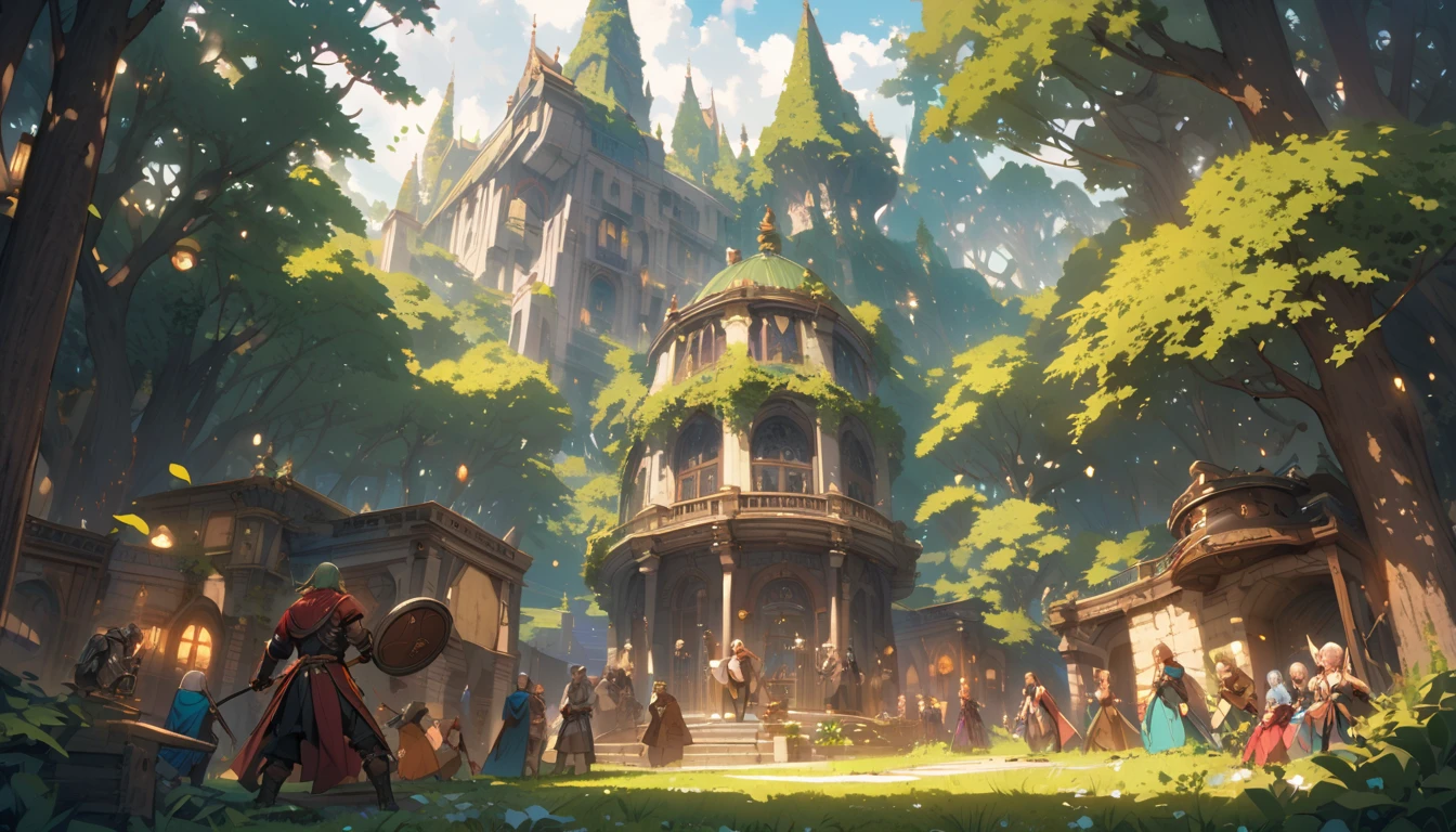 (masterpiece:1.4), (Highest quality:1.4), Very detailed, Complex, Very detailed, shape,Soft lighting,a group of adventurers, character from RPG games, (character: human, Fairy, Fairy, Dwarf, The Hobbit), (exterior: Swordsman Style, Shaman Style, Monk Style, Magician style), (belongings: Long sword, dagger, Holy Staff, Magic wand, shield, metal armor, Leather Armor), Perfectly accurate anatomical shape、All limbs intact、Perfect full finger, Colorful characters, It depicts an ancient elven library in the middle of the forest., A library full of old parchments、In a room full of leaves and shades of green, 大きくてMajestic, A palace library in the middle of the forest. A huge, Majestic, Uplifting expressions,