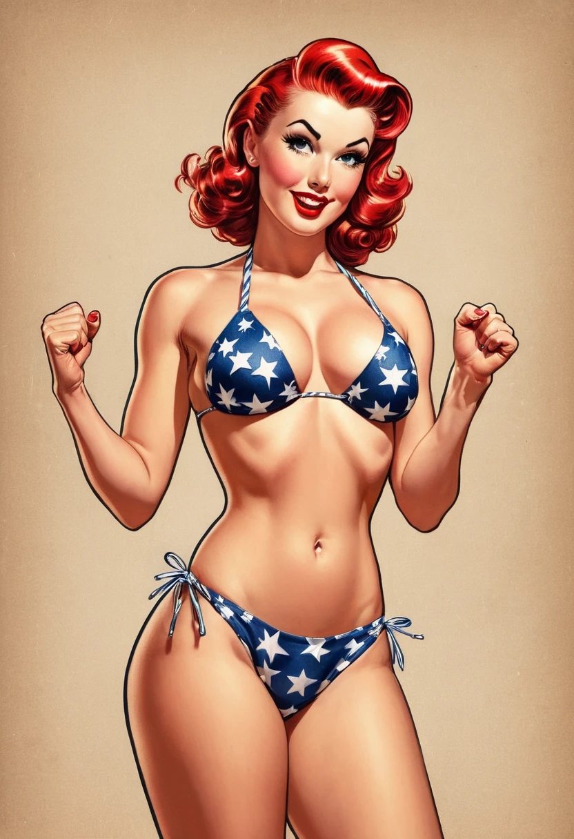 American comic illustration, a pin-up girl, (stars and stripes bikini, topless nipples), raising fist