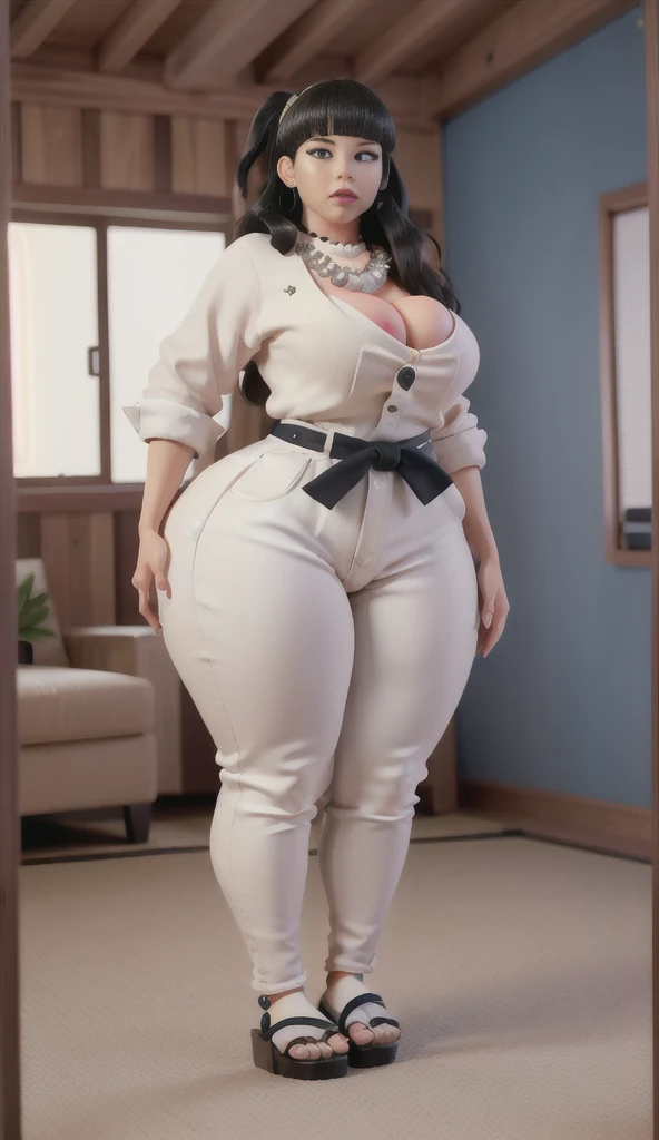 ((best quality)), ((masterpiece)), (detailed), perfect face, thicc woman,  beautiful face , thicc girl , widest hips , thicc , thicc body , thicc thighs , slim arms, huge large breasts, her body is thicc, full body view, dark-black room, black bokeh background, thight dress, wearing sandles, short hairstyle, diamond necklace, wearing a watch, tall woman, restore face, white skin , longest thight pants , glasses , cold vibes, , 4k resolution, japanese goddess
