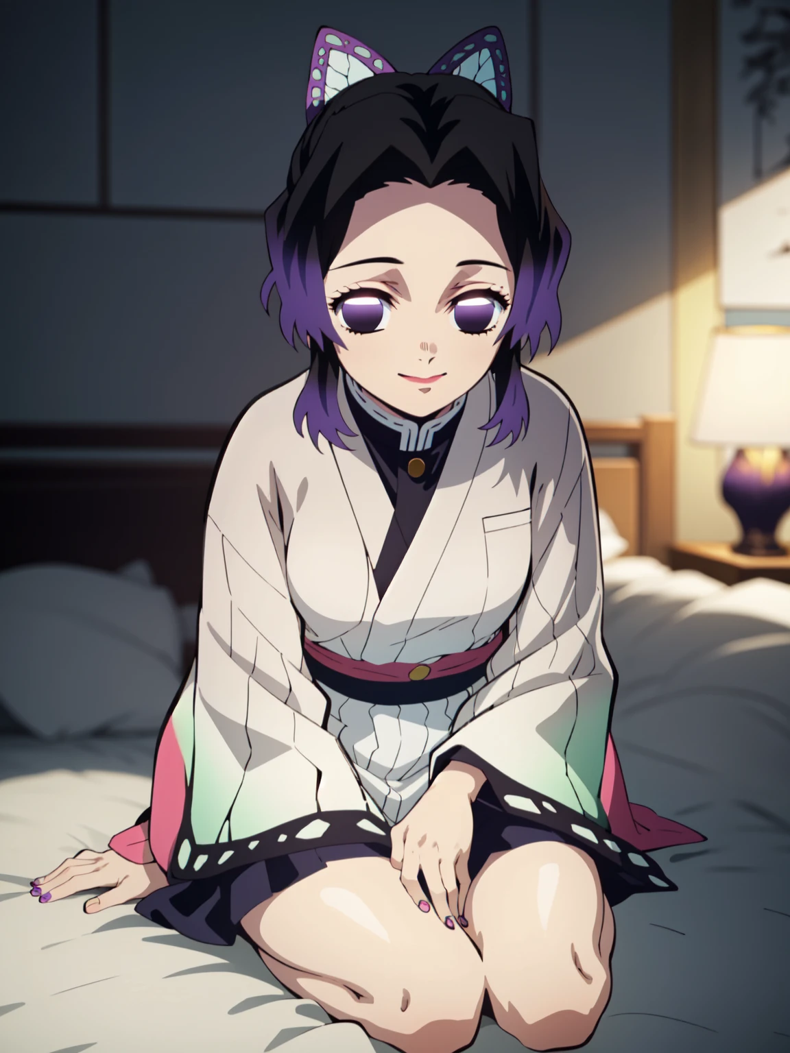 Anime background art, room background, a bed, lying on a bed, beautiful anime scenes, 4K anime art wallpaper, 4k anime art wallpaper, Rosla global illumination, anime girl, best quality, detailed, 1 girl, alone, same as LORA, same as lora, closed mouth, light smile, black hair, purple faded hair, perfect hair, black color, defined eyes, purple eyes, short hair, folded ponytail, headband, butterfly hair accessory, looking at the viewer, kimono costume.