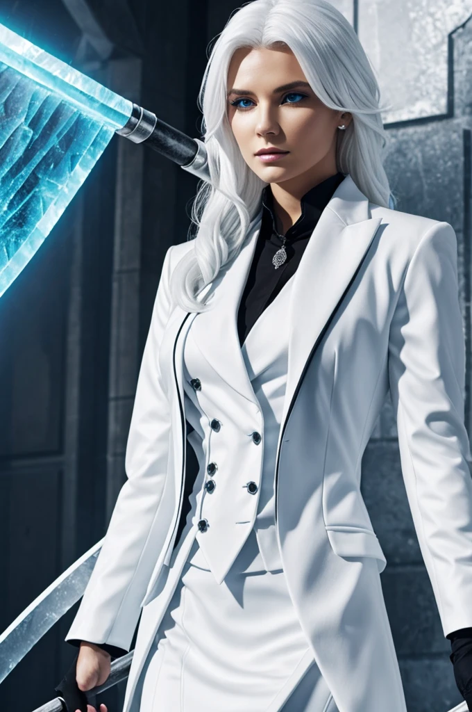 Women, scythe, White hair, icy look, dark suit