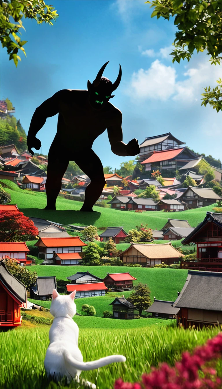 A tranquil village with traditional Japanese houses, lush green fields, and a clear blue sky. In the foreground, a white cat with blue eyes named Milk looks worried. In the background, a giant, menacing oni (Japanese demon) silhouette is approaching the village, casting a long shadow over it. The scene is vibrant and detailed, with warm, inviting colors for the village and dark, ominous tones for the oni.