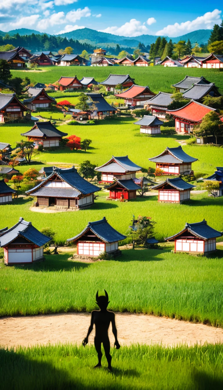 A tranquil village with traditional Japanese houses, lush green fields, and a clear blue sky. In the foreground, a white cat with blue eyes named Milk looks worried. In the background, a giant, menacing oni (Japanese demon) silhouette is approaching the village, casting a long shadow over it. The scene is vibrant and detailed, with warm, inviting colors for the village and dark, ominous tones for the oni.