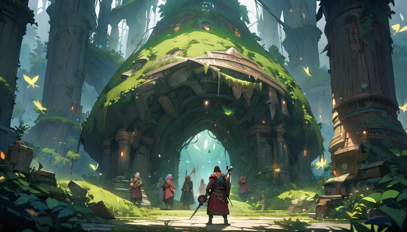 (masterpiece:1.4), (Highest quality:1.4), Very detailed, Complex, Very detailed, shape,Soft lighting,a group of adventurers, character from RPG games, (character: human, Fairy, Fairy, Dwarf, The Hobbit), (exterior: Swordsman Style, Shaman Style, Monk Style, Magician style), (belongings: Long sword, dagger, Holy Staff, Magic wand, shield, metal armor, Leather Armor), Perfectly accurate anatomical shape、All limbs intact、Perfect full finger, Colorful characters, It depicts an ancient elven library in the middle of the forest., A library full of old parchments、In a room full of leaves and shades of green, 大きくてMajestic, A palace library in the middle of the forest. A huge, Majestic, Uplifting expressions,