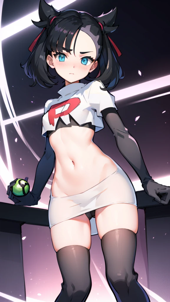 pokemon marnie, pokemon marnie, Green eyes, black fur, short hair, of collections, (small breasts:1.2),
Team Rocket,Team Rocket uniform, red letter R, White skirt,White crop top,black thigh high stockings,black elbow length gloves BREAK looking at viewer,
BREAK (Masterpiece:1.2), Best Quality, high resolution, unity wallpaper 8k, (illustration:0.8), (Beautiful detailed eyes:1.6), extremely detailed face, perfect lighting, Extremely detailed CG, (perfect hands, perfect anatomy),(a Pokeball in his hand)( black panty)( blushing and embarrassed with shame)