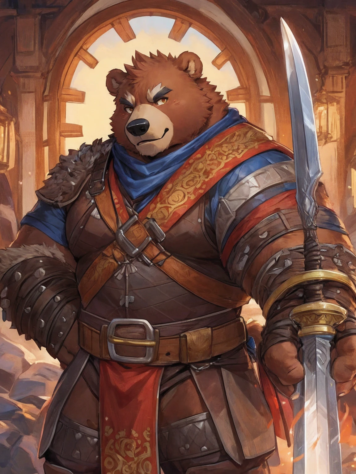 1. **type**：Bear 2. **gender**：Male 3. **appearance**：Brown fur，Golden Eyes，thick physique 4. **Clothing and Decoration**：((Wearing mercenary clothing))，Carrying a huge sword on his back， #### Scenography 1. **background**：日本style的山間寺廟，寺廟周圍有Cherry tree和Stone lanterns 2. **detail**：Sakura petals falling in the air，Mountain peaks are faintly visible in the distance #### Text content 1. **theme**：Glory and Protection 2. **intonation**：Solemn and inspiring 3. **Sentence Structure**：`&quot;Guard the Faith，&quot;Defend the Glory&quot;` #### 圖像style 1. **style**：Epic and traditional combined， 2. **tone**：Soft pinks combined with stately browns and golds，Highlighting the majesty of the samurai and the beauty of the cherry blossoms #### 其他detail 1. **Posture and expression**： - Bear站在寺廟前，Hold a greatsword，firm eyes，Show protection and determination 2. **background元素**： - 日本style的寺廟，Cherry tree，Stone lanterns，Falling cherry blossom petals，distant mountain peaks ### final design 1. **role conception** - **Bear**：Brown fur，Golden Eyes，thick physique。穿著Wearing mercenary clothing，Carrying a huge sword on his back，。 2. **Scenography** - **background**：日本style的山間寺廟，寺廟周圍有Cherry tree和Stone lanterns。Sakura petals falling in the air，Mountain peaks are faintly visible in the distance。 3. **Text content** - below or above the diagram，Written in a solemn and inspiring font：`&quot;Guard the Faith，&quot;Defend the Glory&quot;` ### Image design recommends that you use design software（Like Photoshop、Procreate等）To realize this picture。The following are specific step-by-step recommendations： 1. **background創建**：畫出日本style的山間寺廟background，包括Cherry tree、Stone lanterns、Falling cherry blossom petals和distant mountain peaks。 2. **character drawing**：根據描述繪製男性Bear角色，特別注意武士鎧甲和巨劍的detail。 3. **Posture and expression**：Bear站在寺廟前，Hold a greatsword，firm eyes，Show protection and determination。 4. **Add text**：Choose the right location，使用莊嚴和鼓舞的字體將Text content`&quot;Guard the Faith，&quot;Defend the Glory&quot;`Add to diagram。Sky Demon