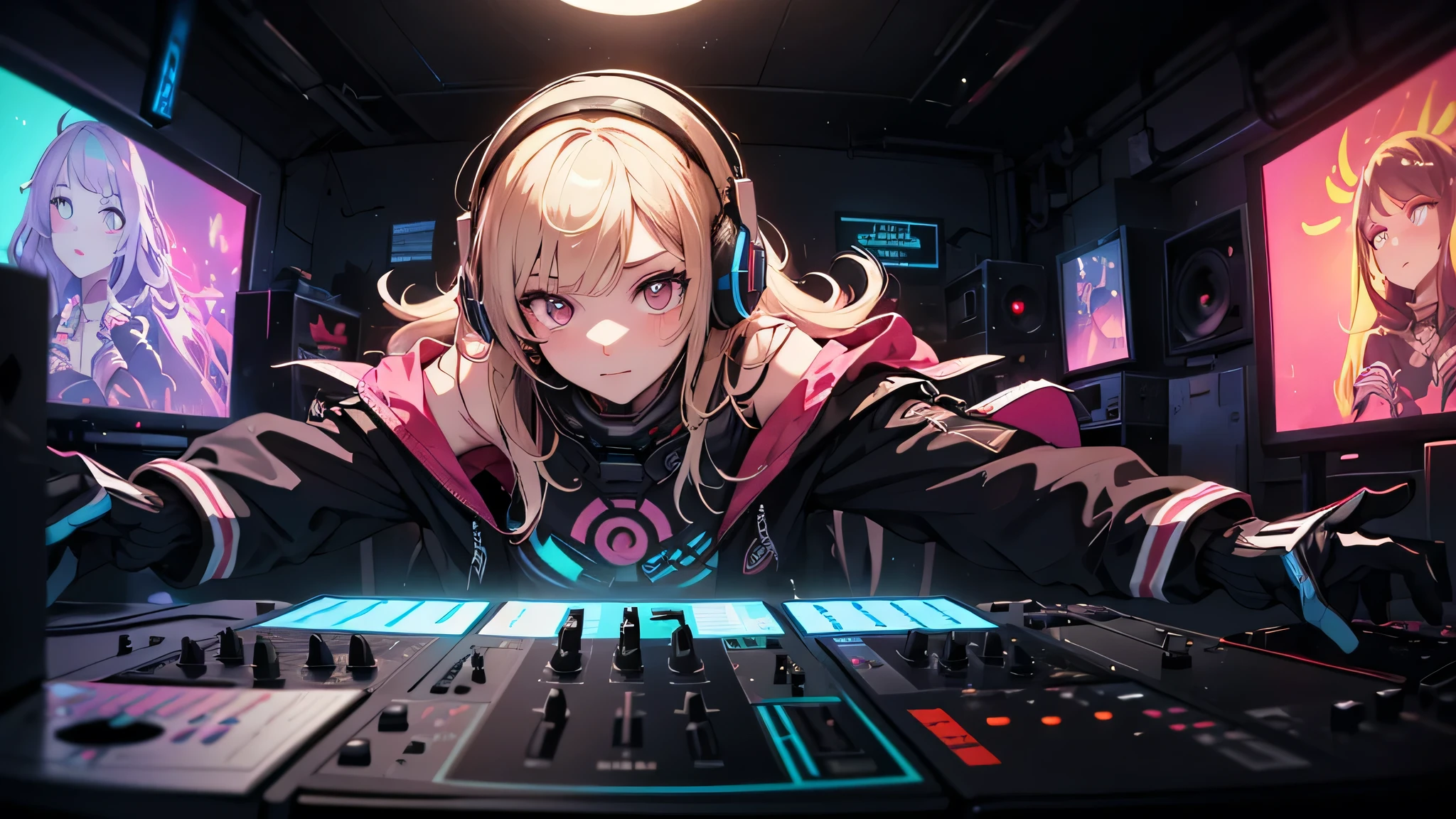 A close-up portrait of a charming albino girl, a DJ  in the style of Anna Dittman, by Jeremy Mann, dressed in futuristic attire. The painting is executed in the manner of Gustave Moreau, with a resolution of 32 pixels. The girl is standing at the DJ console, wearing headphones, and is dancing to music. The background features a wall covered in graffiti and neon core, with colors that glow in the darkness, reminiscent of the Glowwave style. Aesthetically, the painting is reminiscent of vintage style.