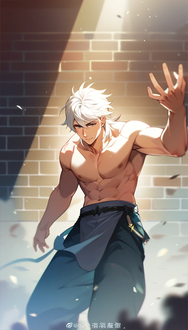 best quality, masterpiece, handsome man with medium length curtain bangs, topless, wearing very low rise baggy jeans, stylised graffiti 700 on a brick wall behind him, sexy, homoerotic, cinematic lighting, extremely dramatic shadows, perfection, no watermark, no logo, no signature