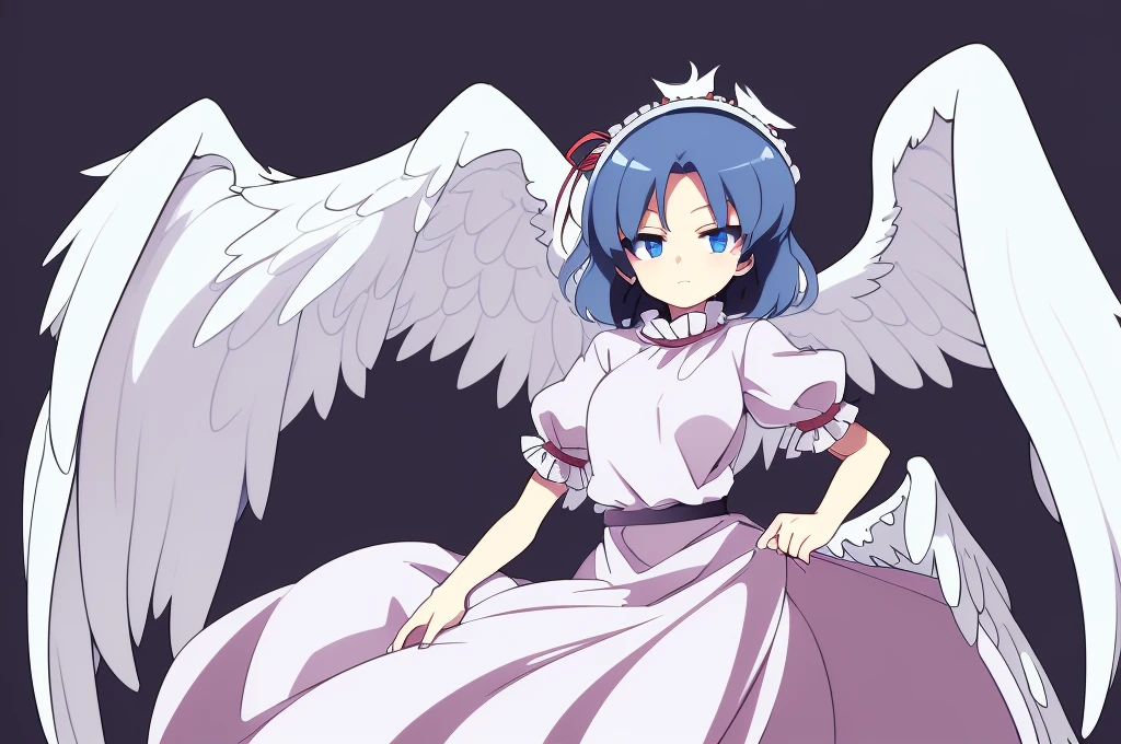 (best quality,4k,8k,highres,masterpiece:1.2), (angel girl:1.2), ultra-detailed, highly detailed texture, intricate details, high quality textures, a cute teenage angel with blue eyes, drawn in anime style, 1girl, , , 10 years old, medium blue hair, hair flaps, pink ribbon on head, well-formed face, blue eyes, angel girl, white blouse, puffy short sleeves, red ribbon, angel wings, long white skirt, red shoes, frills, ribbon head, A pair of angel wings on the back, clean line drawings, cute