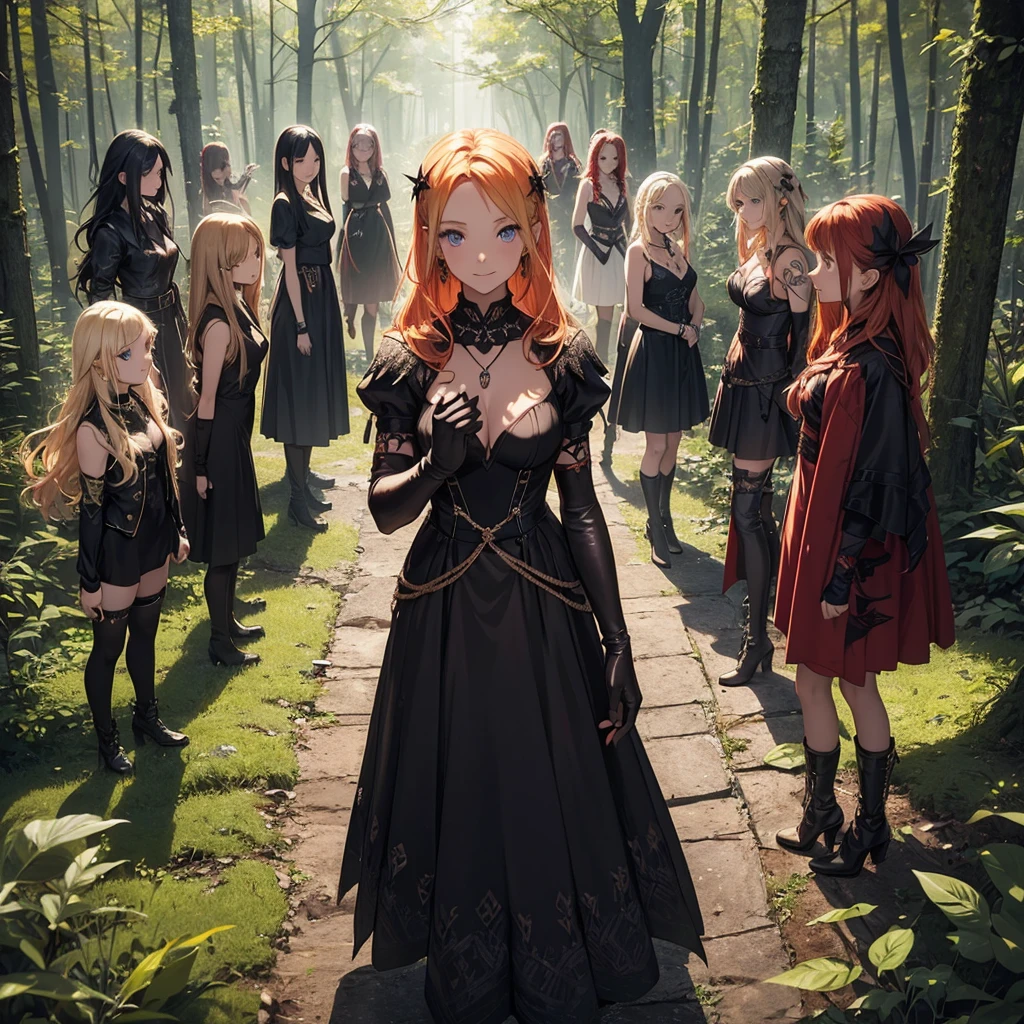 a group of beautiful witch girls in the middle of a forest in the night, tribal tattoo ,multiple girls, five girls, red and blonde hair , standing girl young girl, gloves, elbow pads, boots, smiles, small breasts, long black dress, necklaces, jewelry decorations , red hair , black hair , blonde hair, blue eyes, full body,