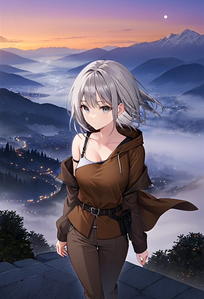 1 girl, small stature, long grey hair, grey eyes, hood, brown cloak, belt, short pants, katana holstered, katana on strap, katana, sheathed, shoulder strap, solo, closed mouth, calm face, evening, against the backdrop of high mountains with fog, top view, looking at viewer