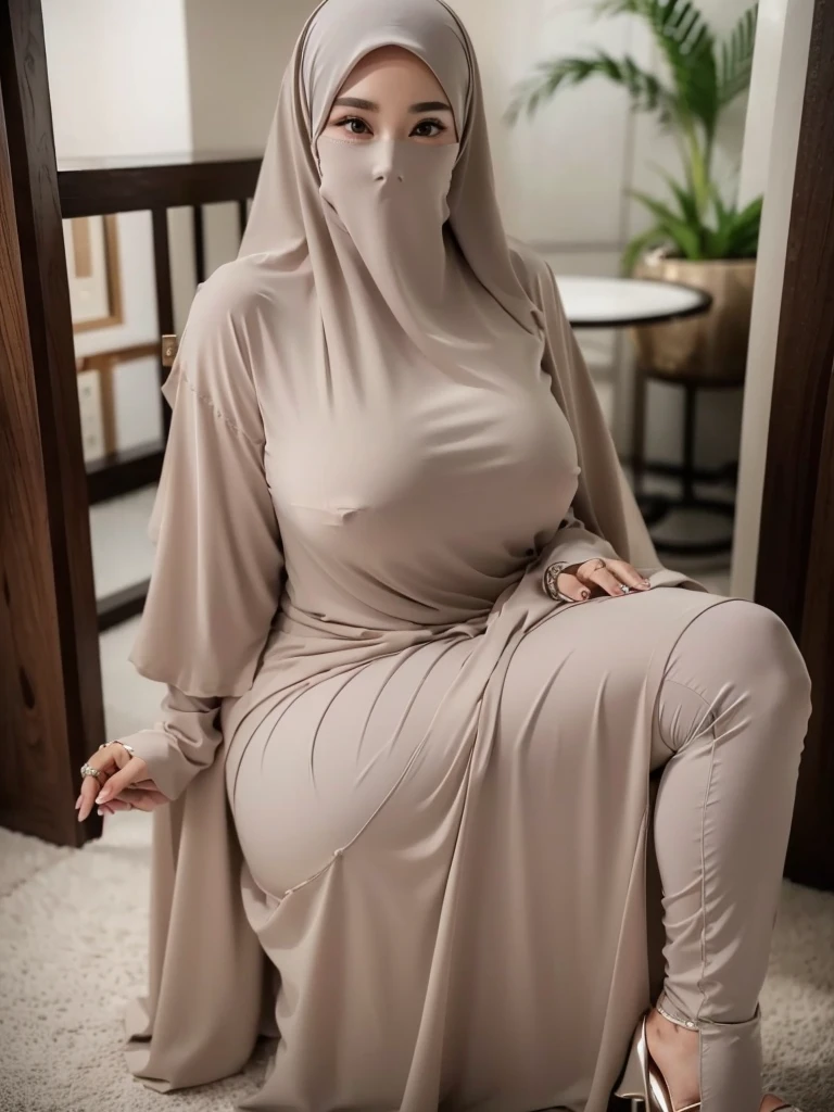 4K, high quality, nice lighting, soft lighting, realistic, dark eyes, sexy, big breasts, thick thighs, wide hips, muscular, malaysian dress, long sleeve, Jewelry, sexy lady, asian, hijab, niqab, sexy pose, showing big thighs, nice body, natural largest breast, WEARING WEDDING RINGS, wearing white high heels
